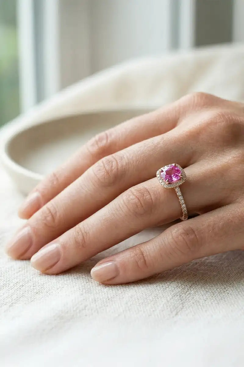 Anillo de compromiso con Zafiro rosa y oro amarillo 18 quilates, llevado en la mano, detalle del engaste con garras