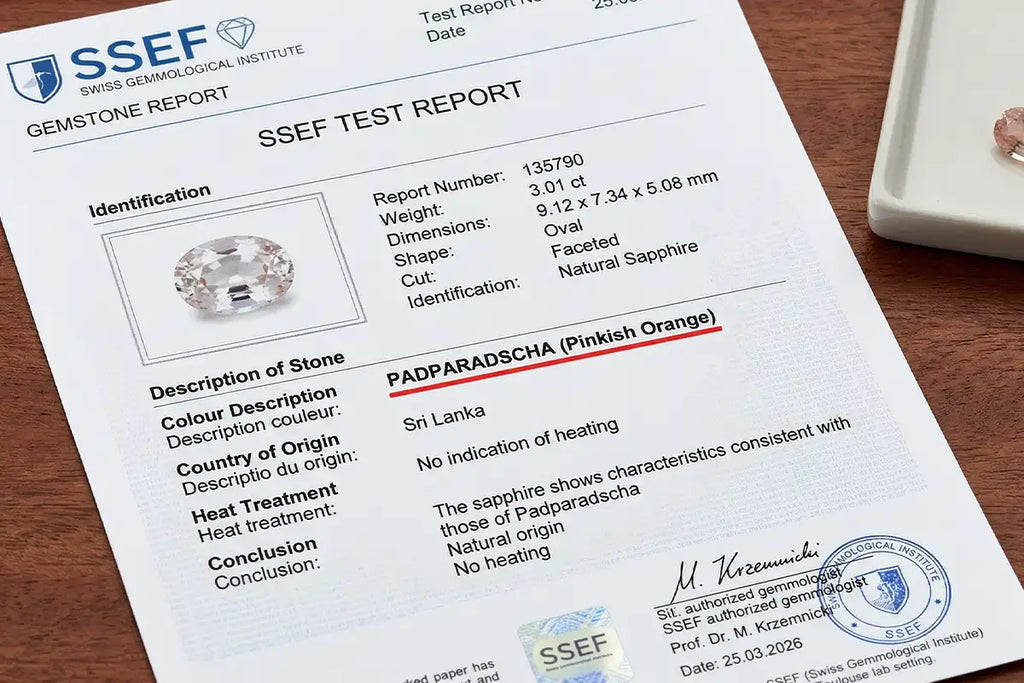 Certificado de laboratorio SSEF que acredita el color padparadscha de un Zafiro de Sri Lanka