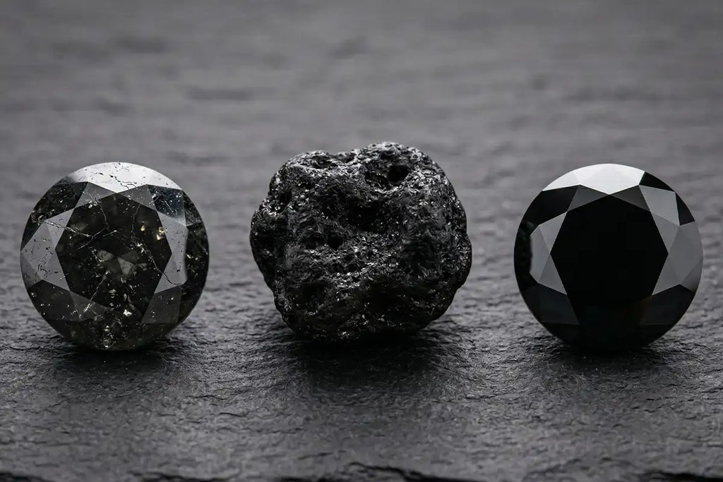 Los tres tipos de diamantes negros: natural con inclusiones, carbonado y tratado; comparativa gemológica