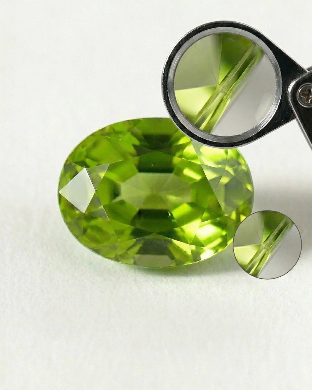 Peridoto natural que muestra la doble refracción: desdoblamiento de aristas visible con la lupa gemológica