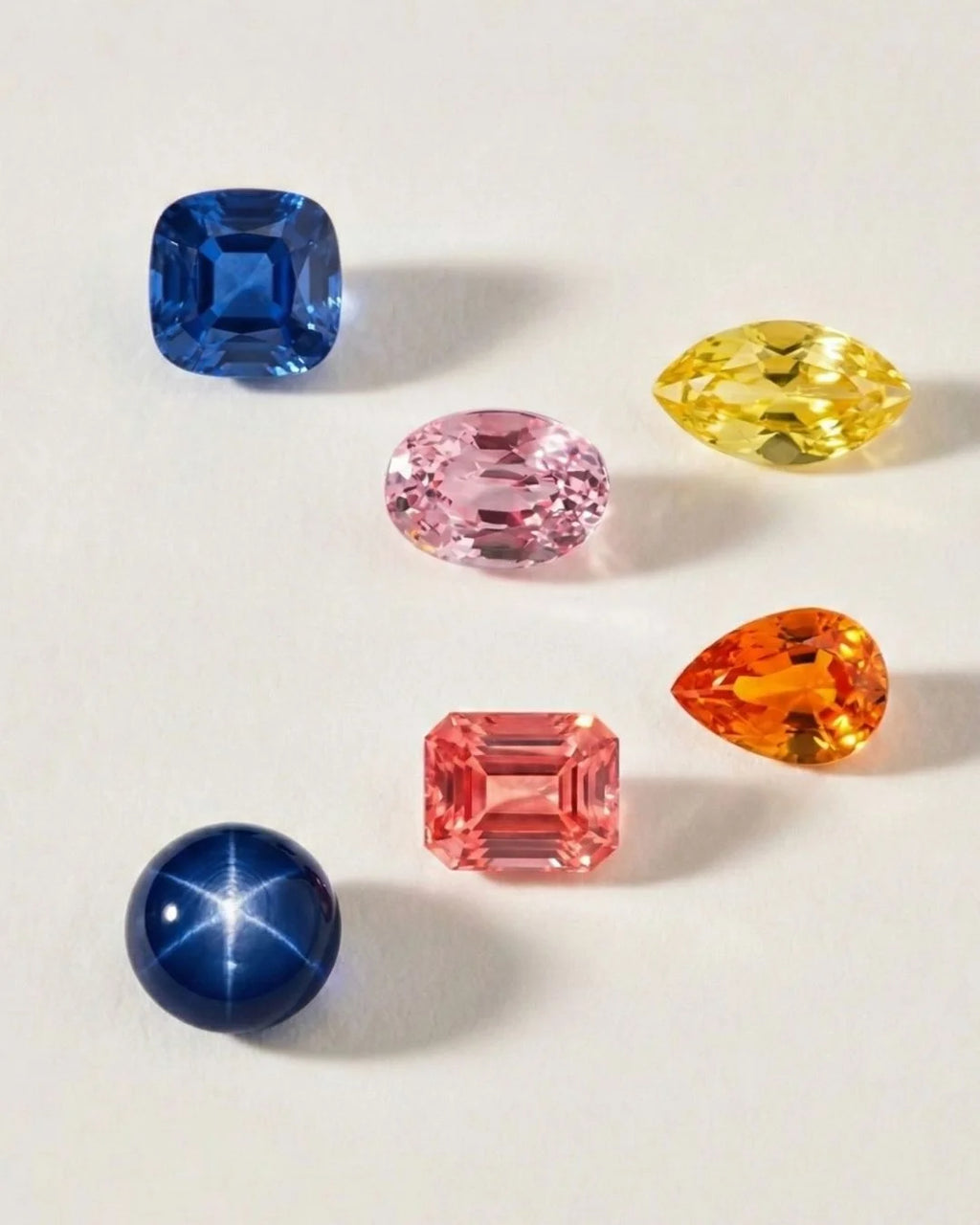 Paleta de colores del Zafiro: azul, rosa, amarillo, naranja, padparadscha y Zafiro estrella
