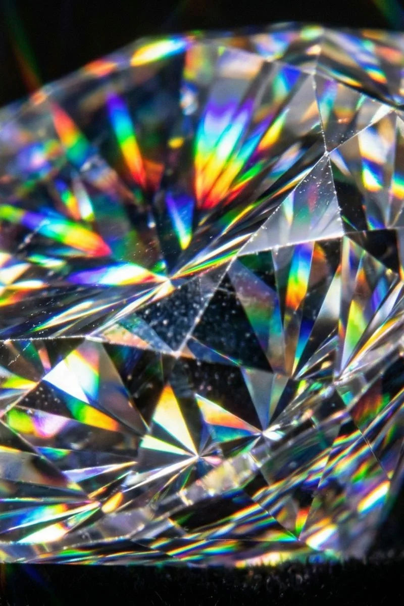 Macro de las facetas de un diamante talla brillante, reflejos de arcoíris