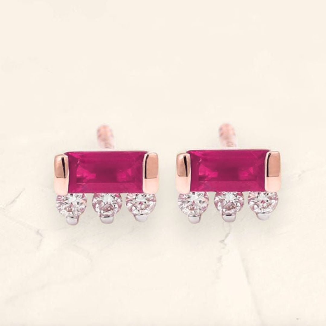 Boucles d'oreilles Prana Baguette rubis et diamant or rose