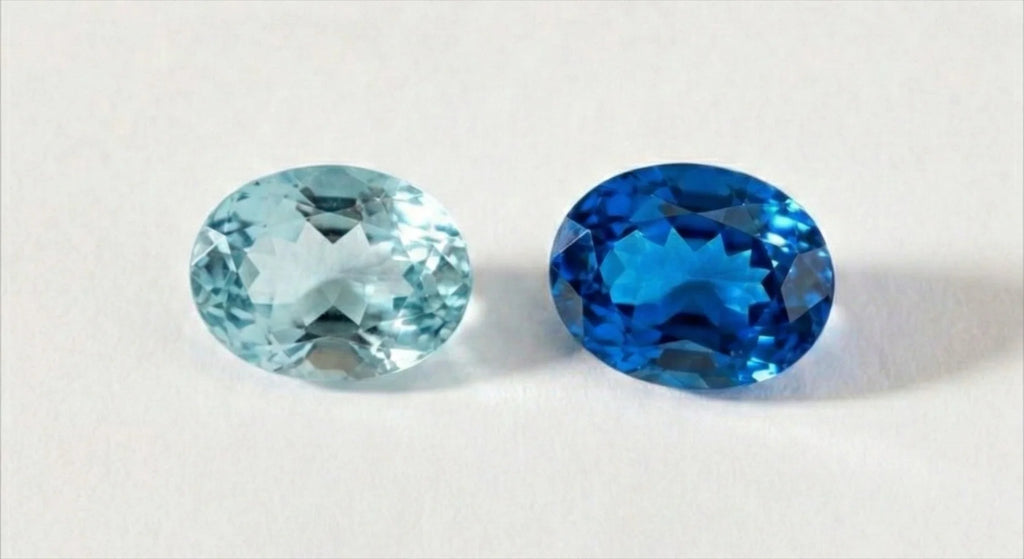 Comparación entre una aguamarina y un topacio azul que muestra la diferencia de brillo y color