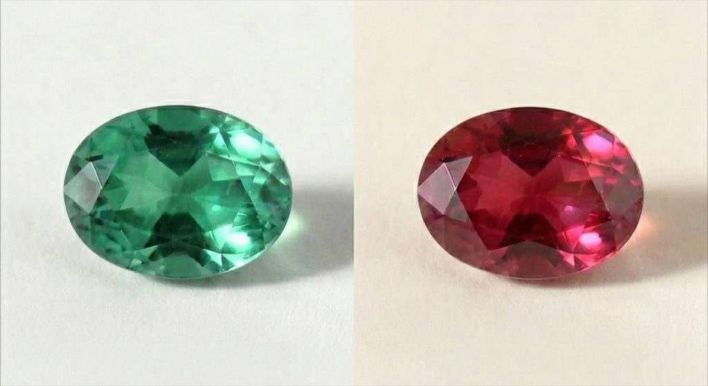 Alejandrita natural que muestra el cambio de color: verde a la luz del día, rojo a la luz artificial