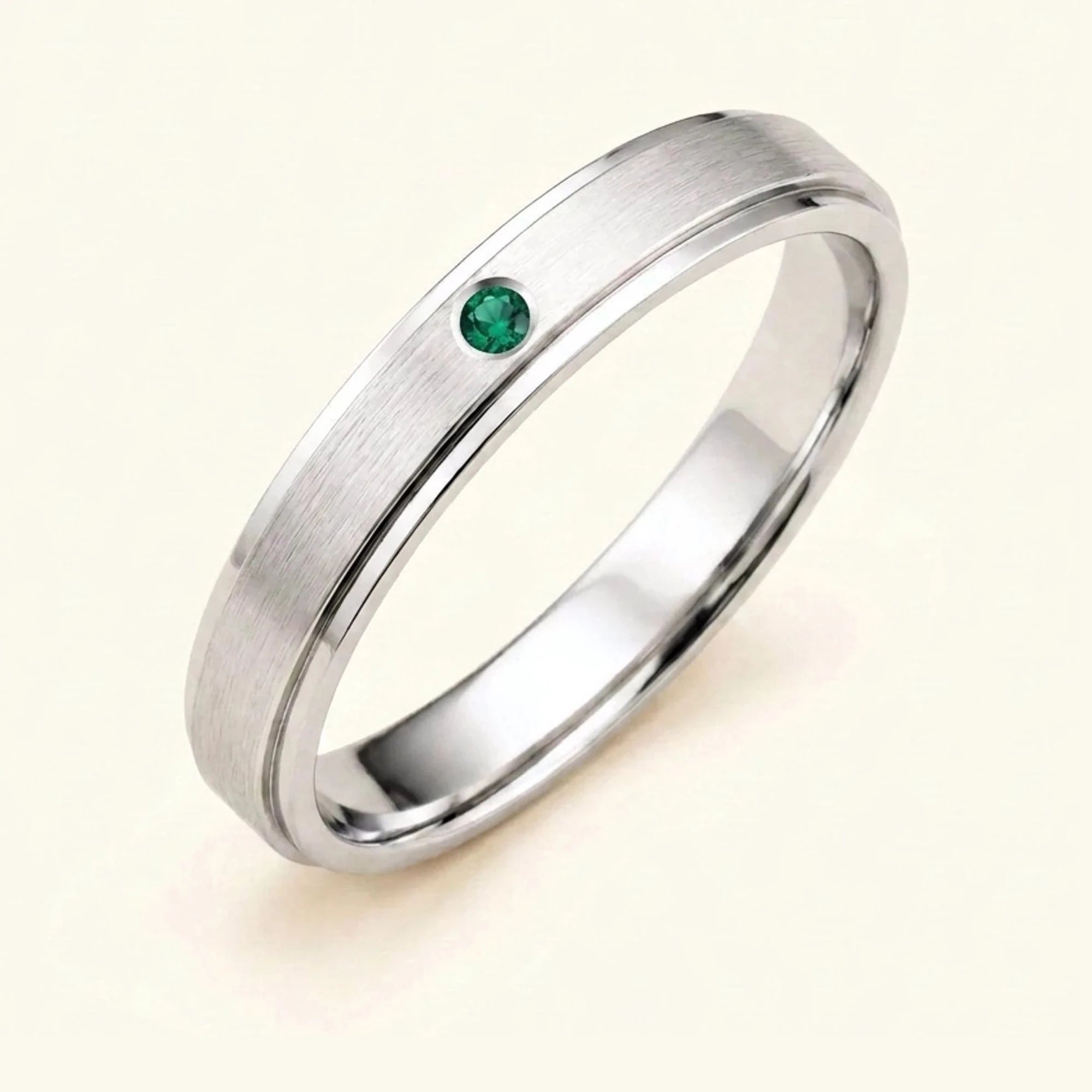Alianza de esmeralda en oro blanco de 18 quilates para hombre Dhruva, anillo cepillado