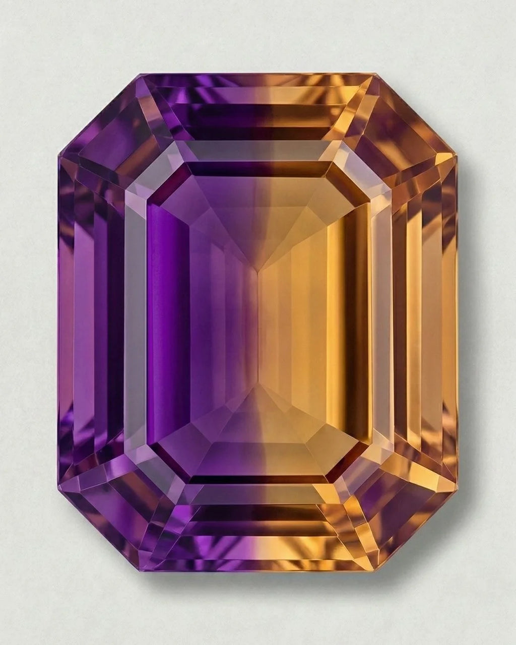 Citrina natural de Bolivia que muestra la zona violeta y la zona dorada en un mismo cristal