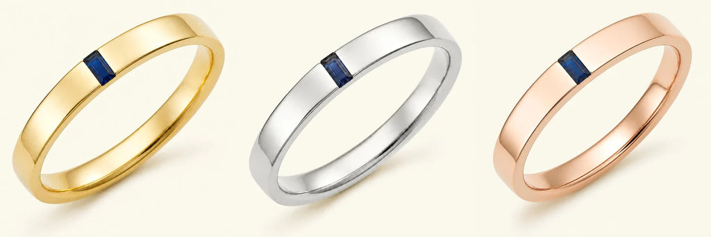 Anillo de compromiso para hombre Agni en oro amarillo, oro blanco y oro rosa de 18 quilates engastado con un Zafiro talla baguette