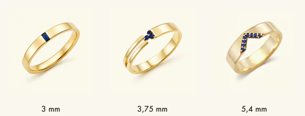 Tres anchuras de anillos de compromiso para hombre Mayuri en oro amarillo de 18 quilates: Agni 3 mm, Vibhu 3,75 mm y Rudra 5,4 mm