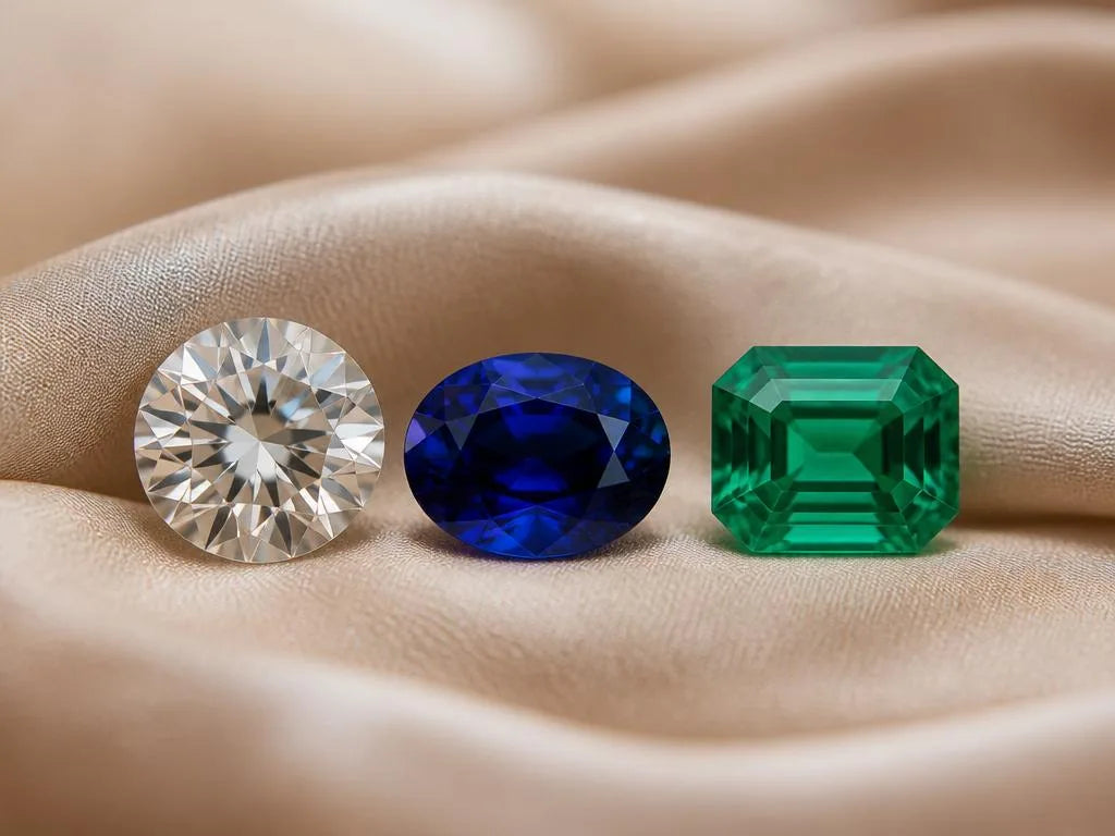 Trois pierres précieuses pour bague de fiançailles : diamant rond, saphir bleu ovale et émeraude octogonale sur soie beige
