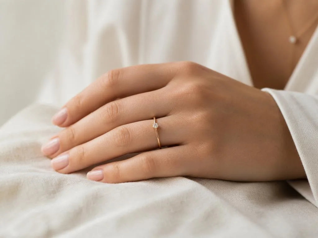Mano femenina elegante con un fino anillo solitario en oro 18 quilates sobre lino natural, estilo minimalista por Mayuri
