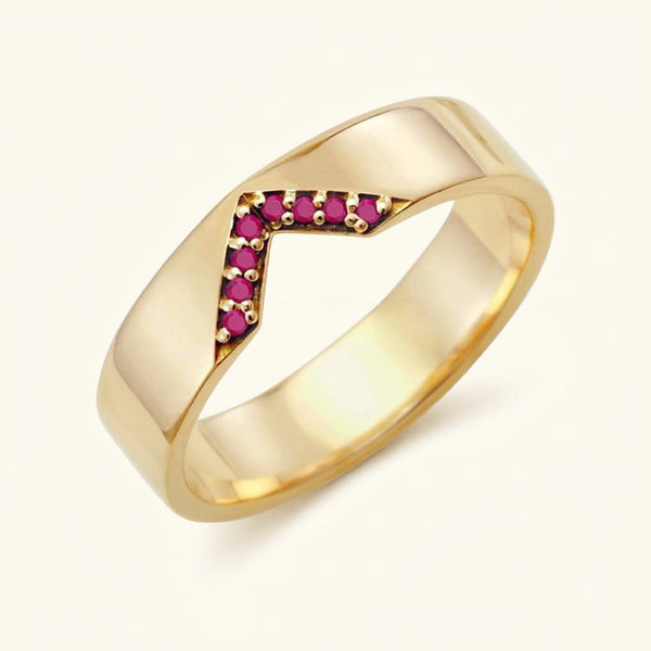Anillo en V pavé con rubíes para hombre en oro amarillo