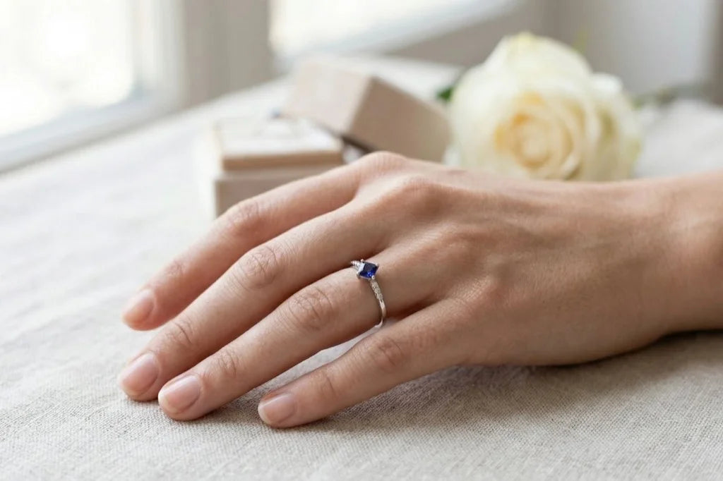 Anillo de oro blanco de 18 quilates engastado con un Zafiro azul talla princesa y diamantes, llevado en el dedo anular