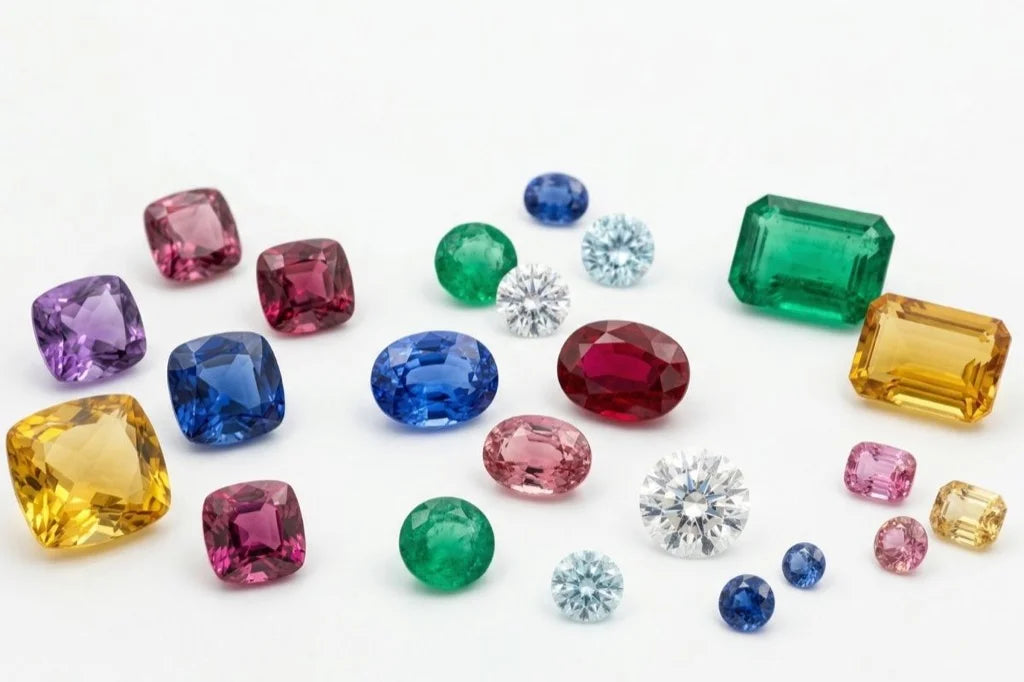 Piedras de color que ilustran los tallados ovalado, cojín, redondo brillante y esmeralda sobre fondo blanco