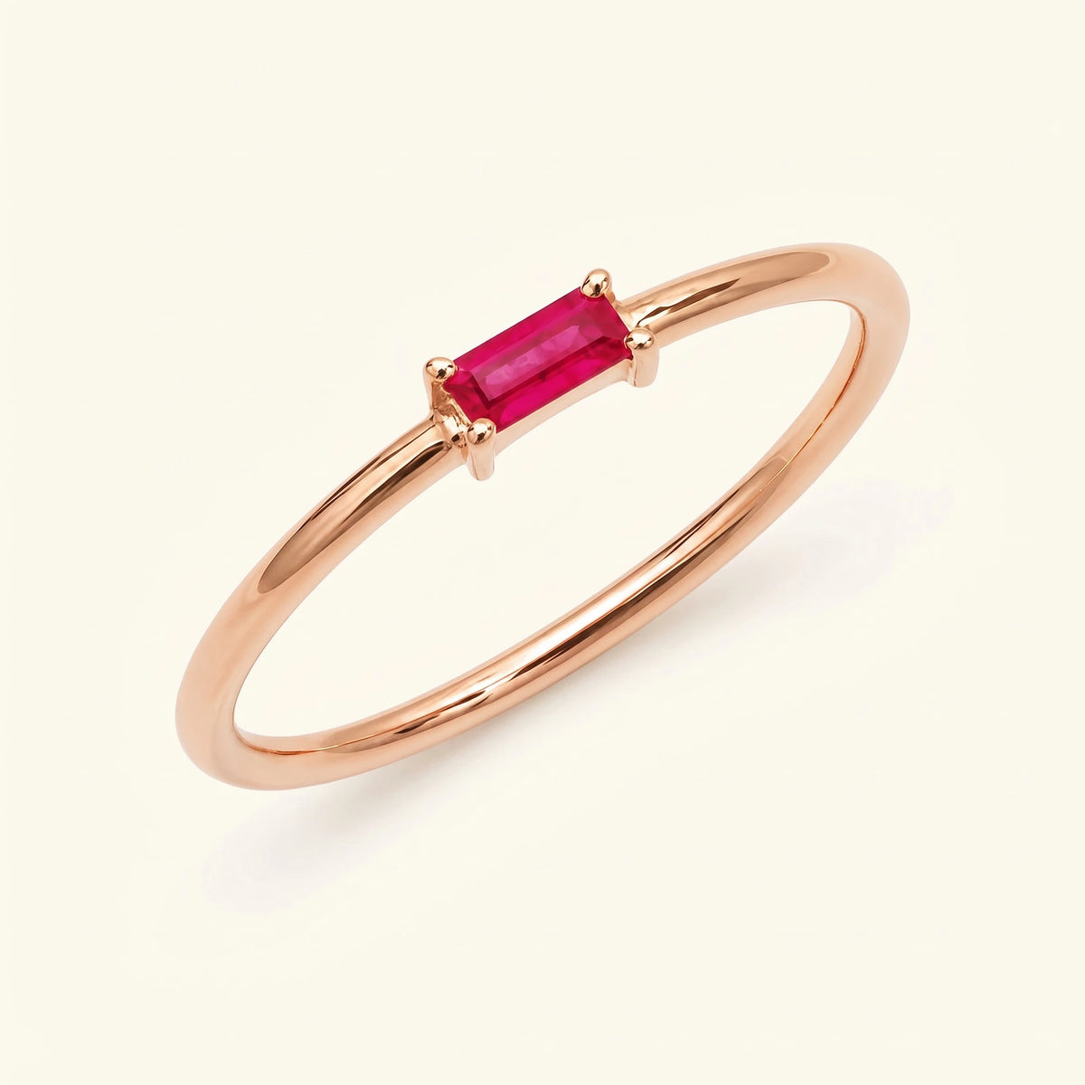 Anillo Shanti rubí vermeil oro rosa, alianza joyería fina solitario piedra preciosa roja rectangular minimalista
