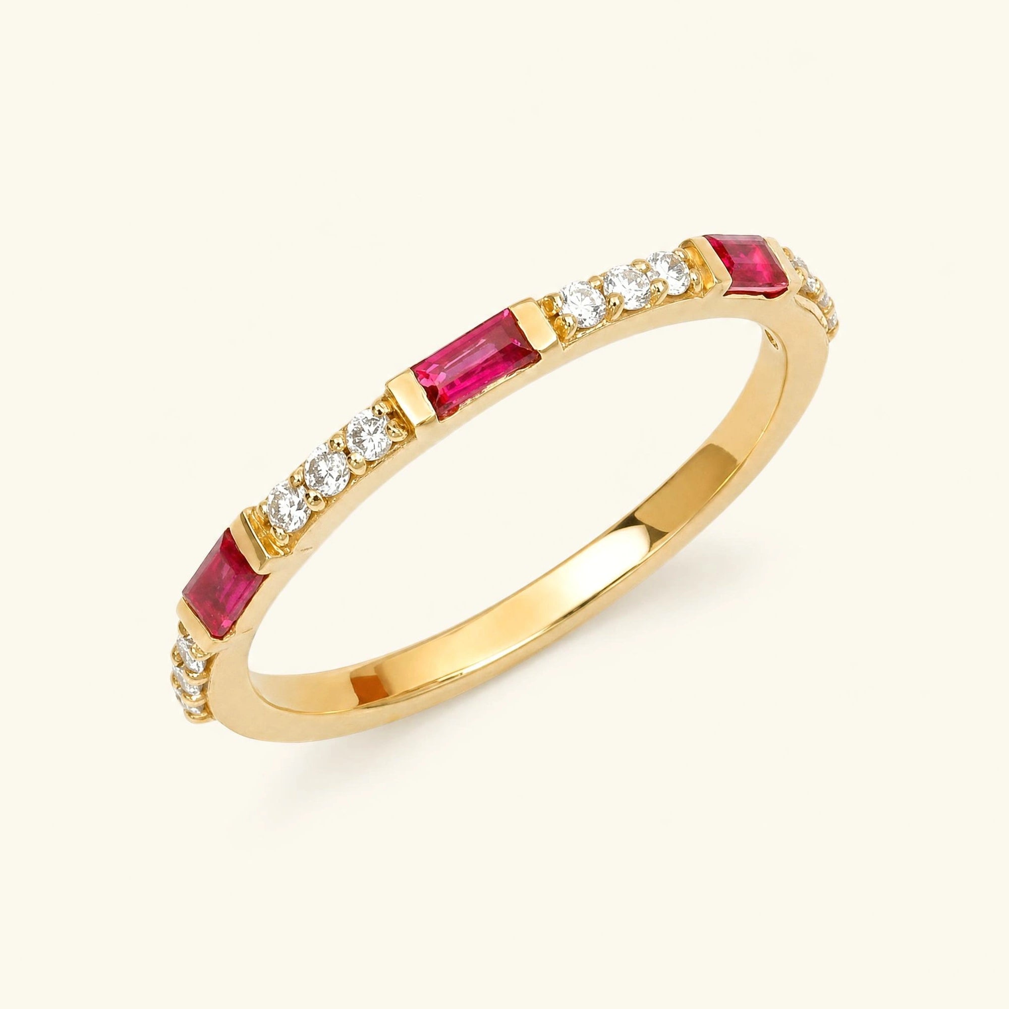 alliance rubis diamant baguette en or jaune Moksha