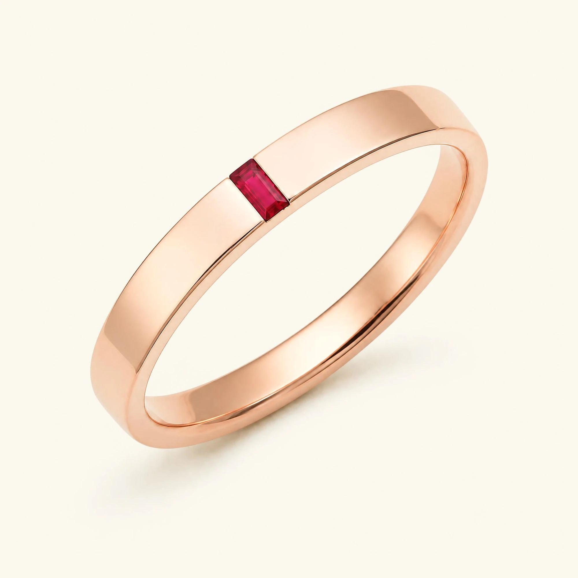 Bague solitaire baguette de rubis pour homme en or rose