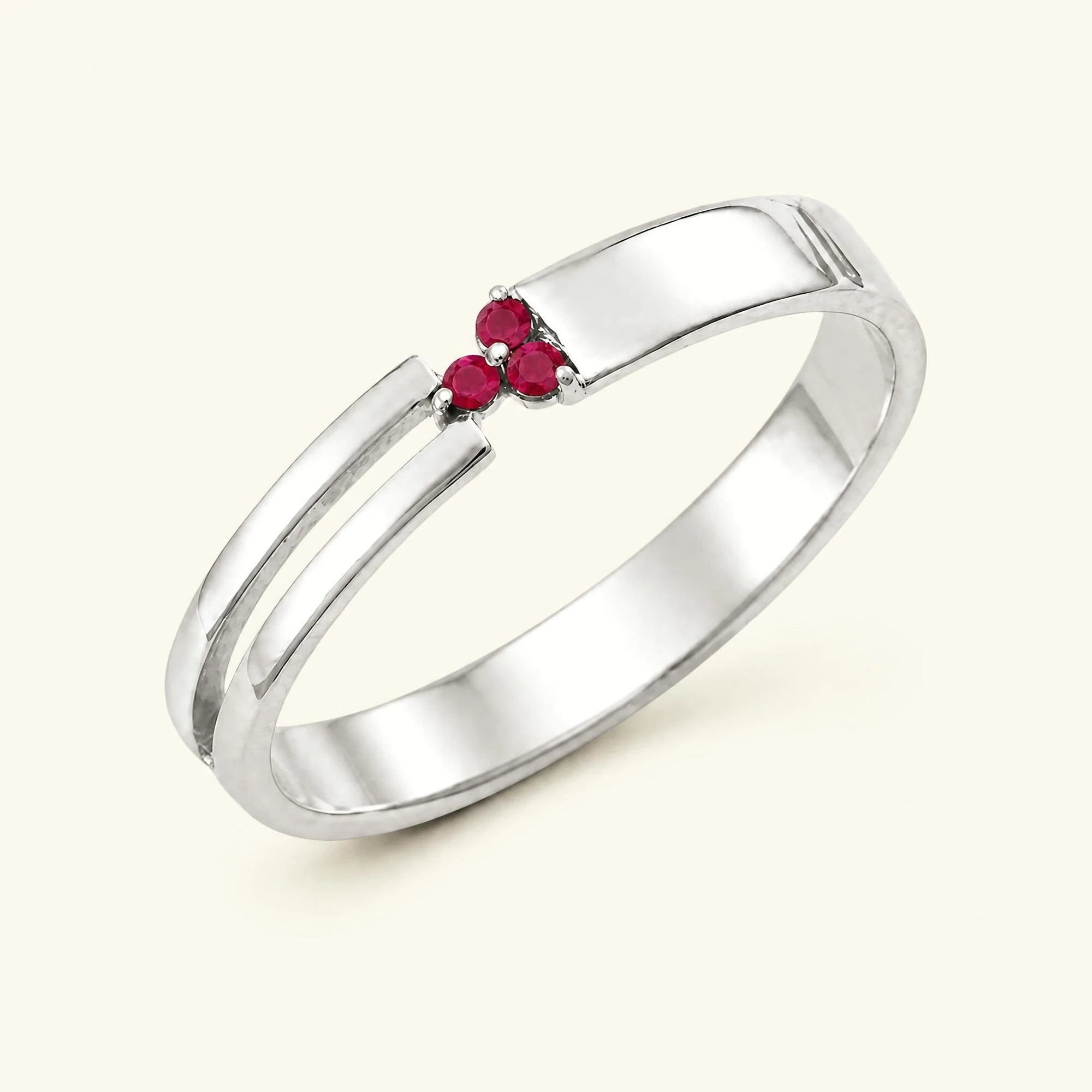 Bague trois pierres de rubis pour homme en or blanc