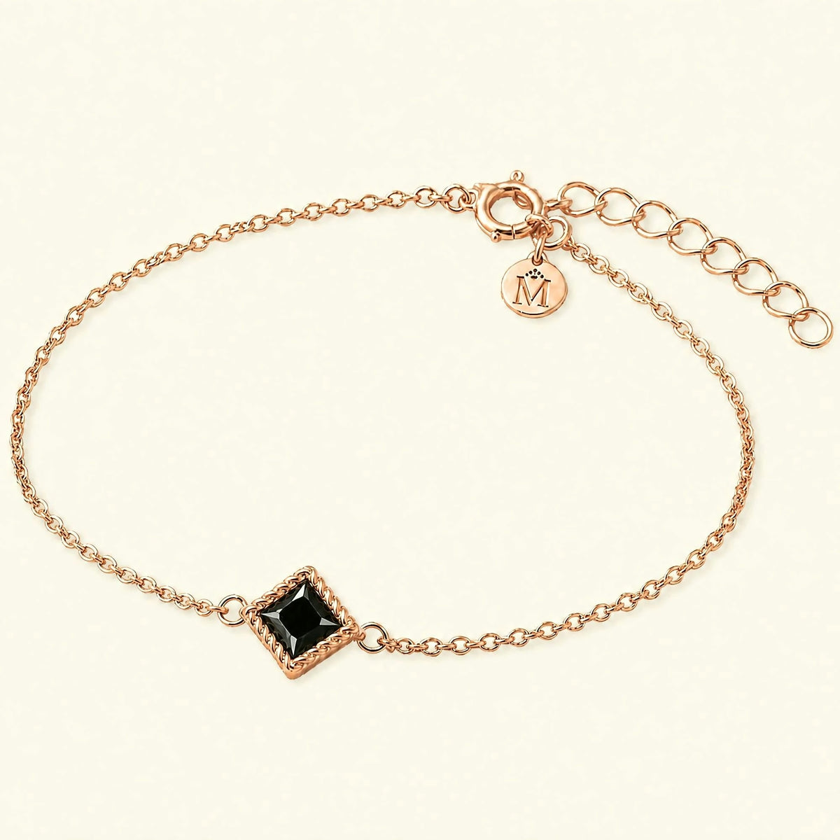 Indrani pulsera solitario diamante negro cadena fina, princesa engastado retorcido 18 quilates oro rosa