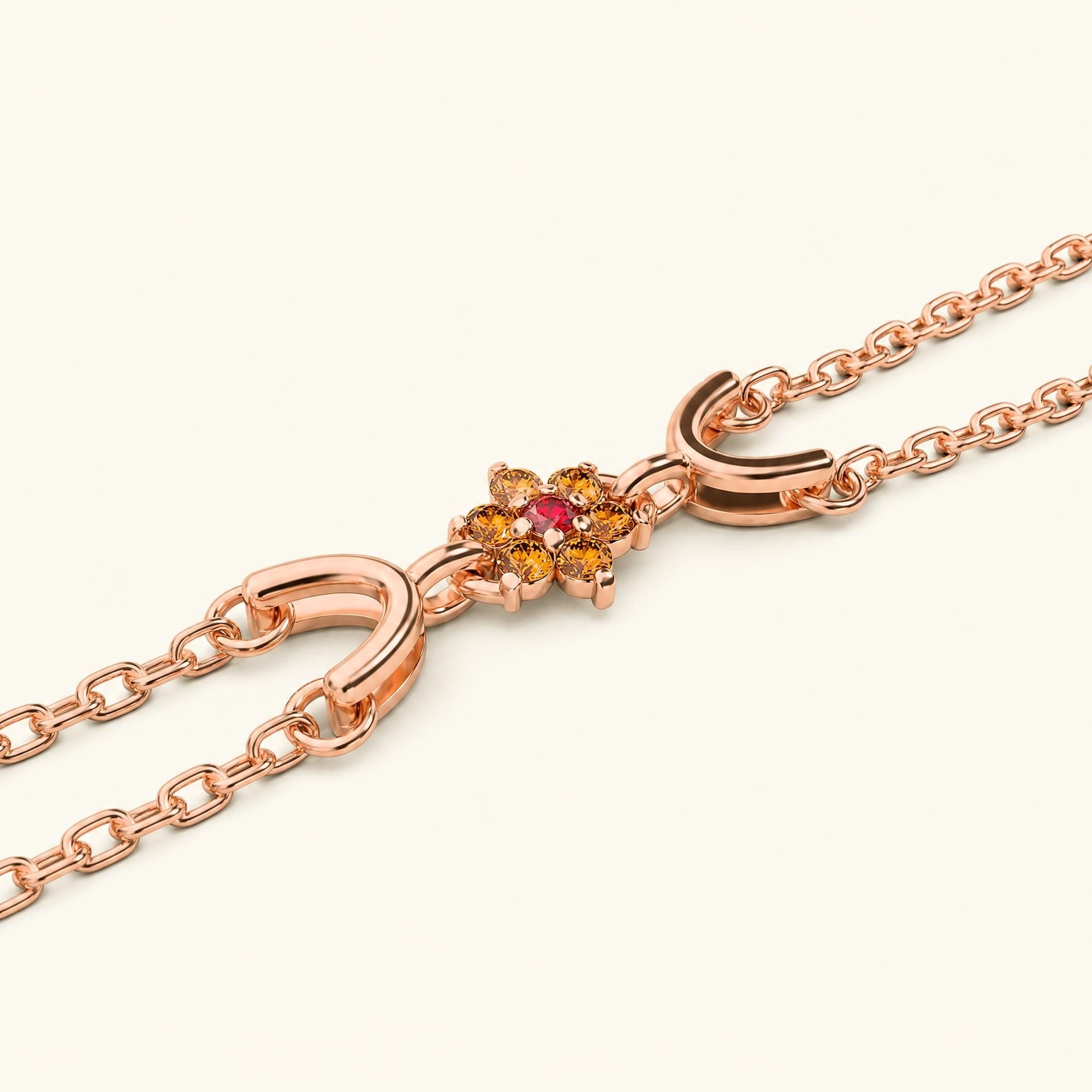 Pulsera Surya de oro rosa para mujer con zafiro naranja