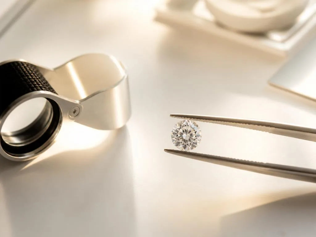 Diamante talla brillante sostenido por una pinza de gemologo con lupa profesional 10x sobre fondo blanco