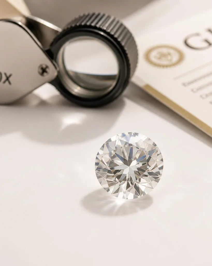 Diamant taillé brillant avec loupe de gemmologue 10x et certificat GIA sur surface blanche