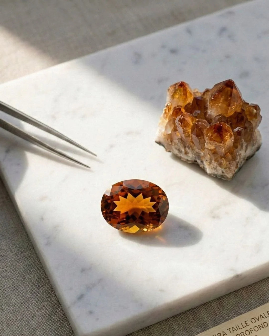 Citrina Madeira talla oval con un naranja-marrón profundo y reflejos dorados