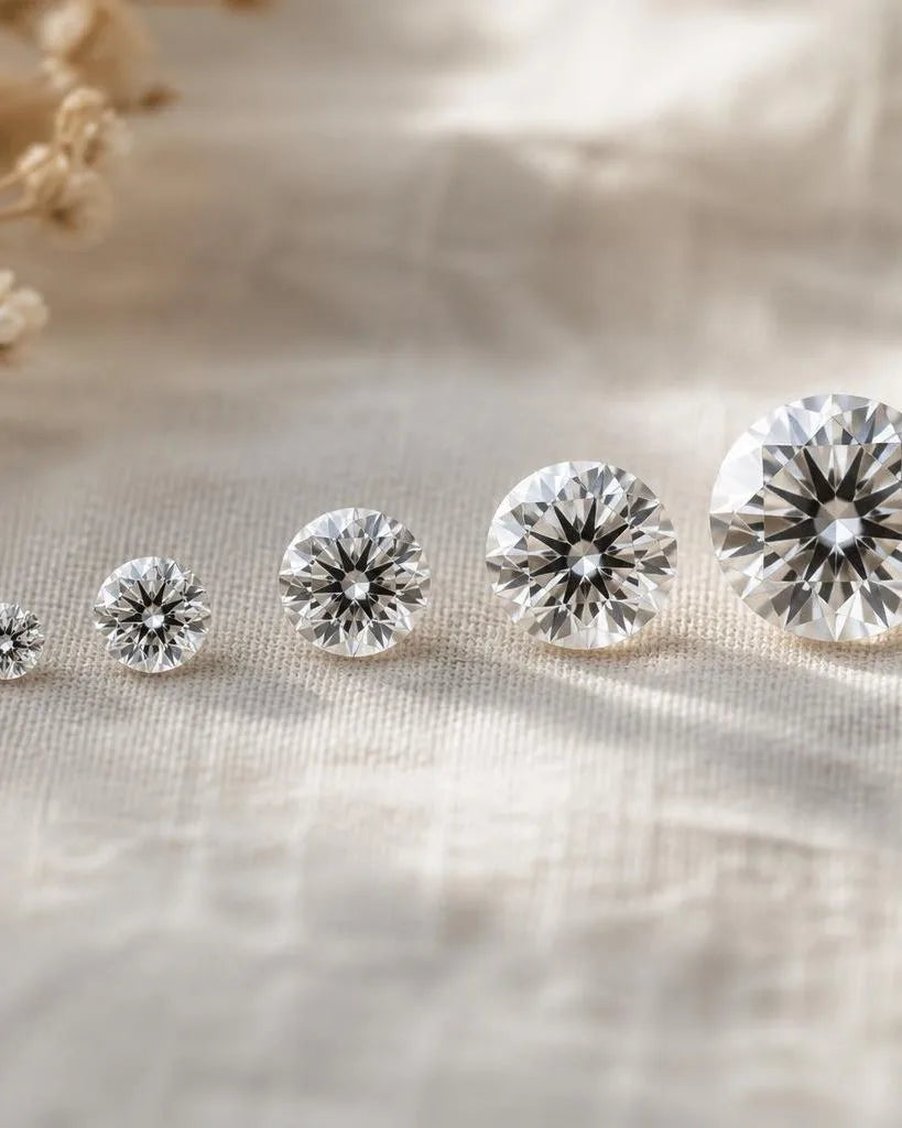 Cinq diamants taille brillant de tailles croissantes sur lin crème