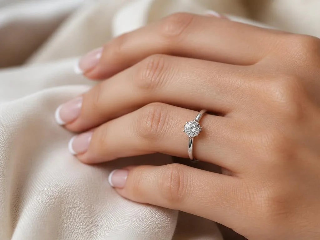 Anillo solitario de diamante en oro blanco llevado en mano femenina que muestra la escala del diamante en el anular