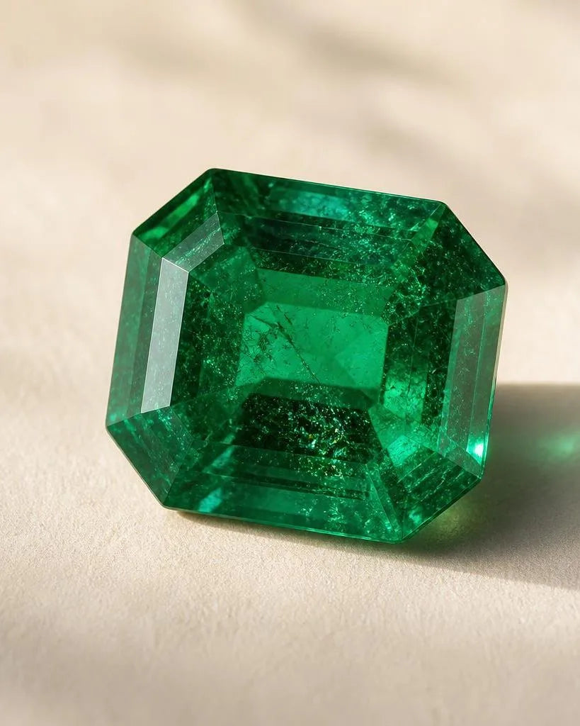 Émeraude naturelle taillée en octogone montrant une couleur verte saturée et des inclusions jardin visibles, illustrant les critères de qualité essentiels
