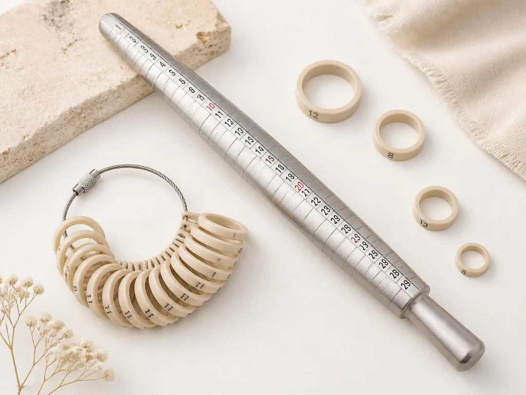 Baguier profesional con mandril numerado y anillos de medida para determinar la talla de anillo