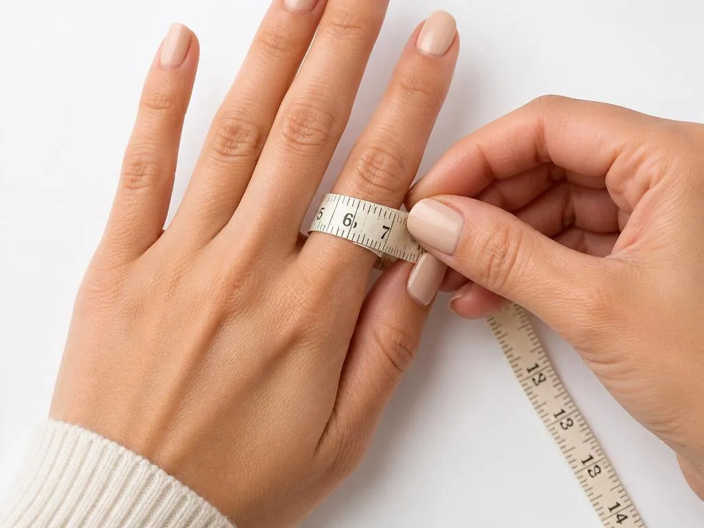 Medición del contorno del dedo con una cinta de modista para determinar la talla de anillo