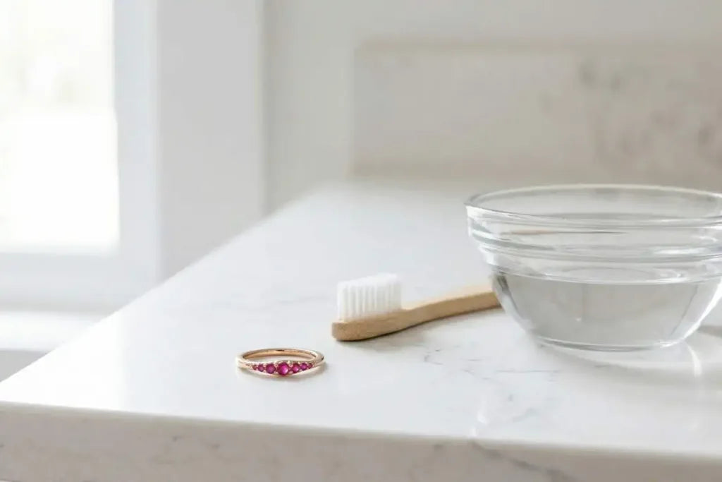 Limpieza delicada de un anillo de rubí con cepillo y cuenco de agua jabonosa sobre mármol blanco