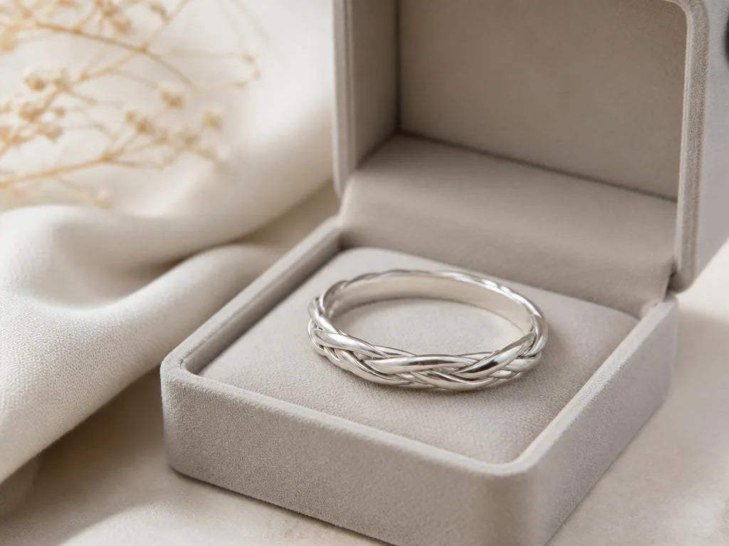 Pulsera trenzada de plata 925 guardada en un estuche de terciopelo beige para protegerla