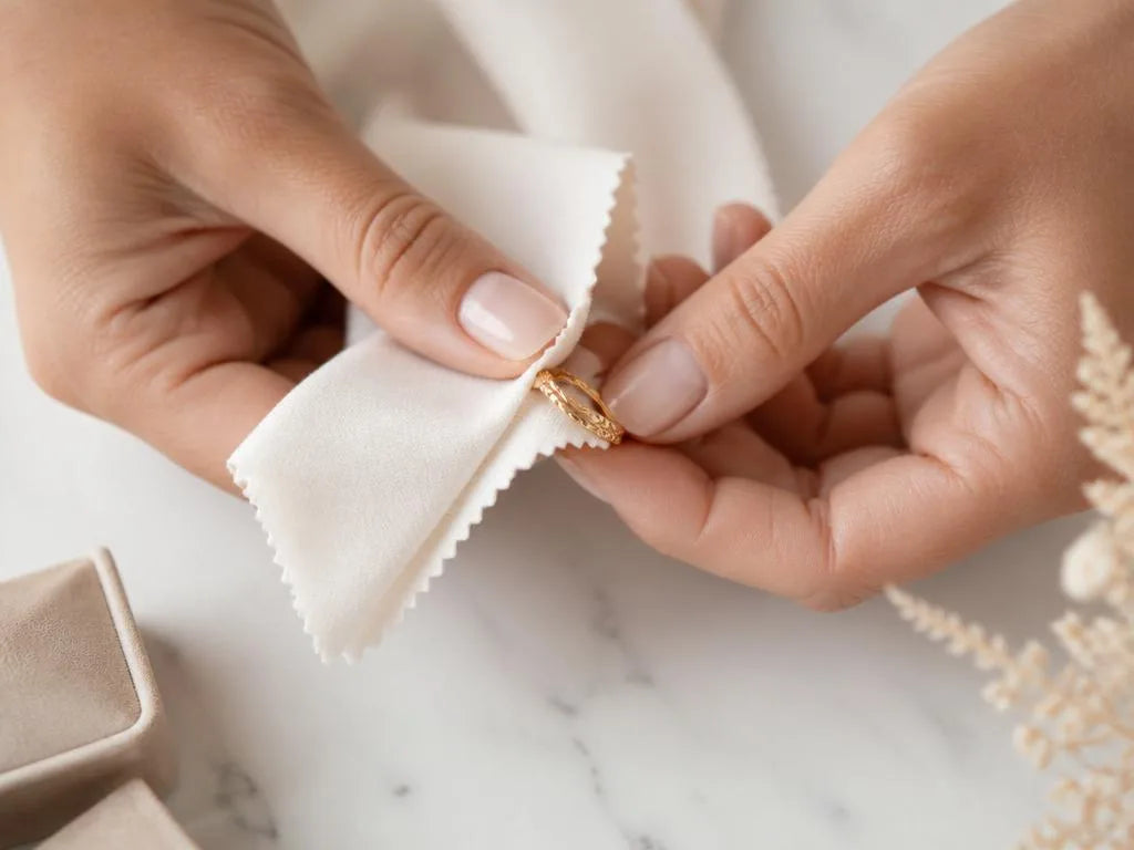 Manos limpiando delicadamente un anillo de oro chapado con un paño de microfibra suave sobre una superficie de mármol blanco
