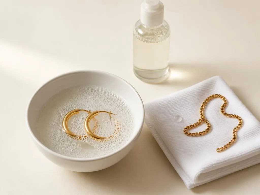 Aros chapados en oro sumergidos en un cuenco de agua tibia jabonosa, con una cadena colocada sobre un paño de microfibra para secar