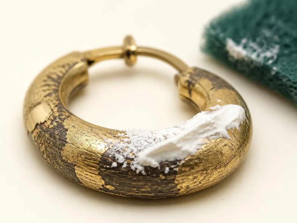 Primer plano de un aro chapado en oro con el dorado descascarado y rayado, cubierto de dentífrico y bicarbonato, los productos abrasivos que deben evitarse