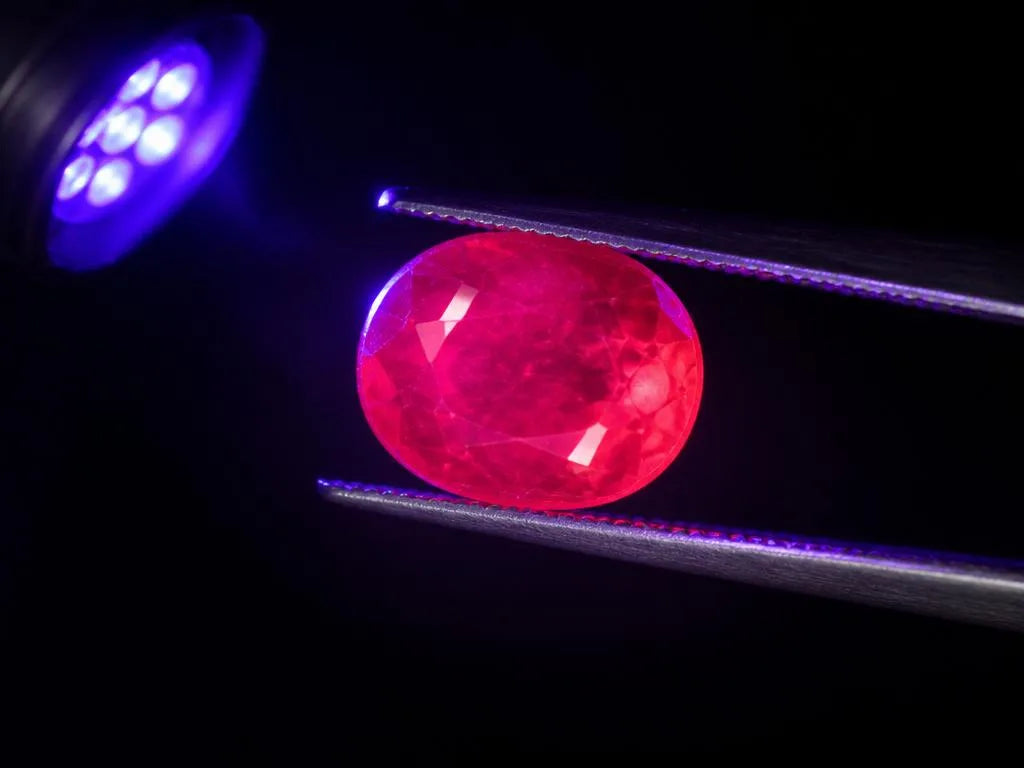 Test de fluorescencia UV sobre un Rubí natural bajo lámpara ultravioleta 365nm, que muestra un resplandor rojo rosado