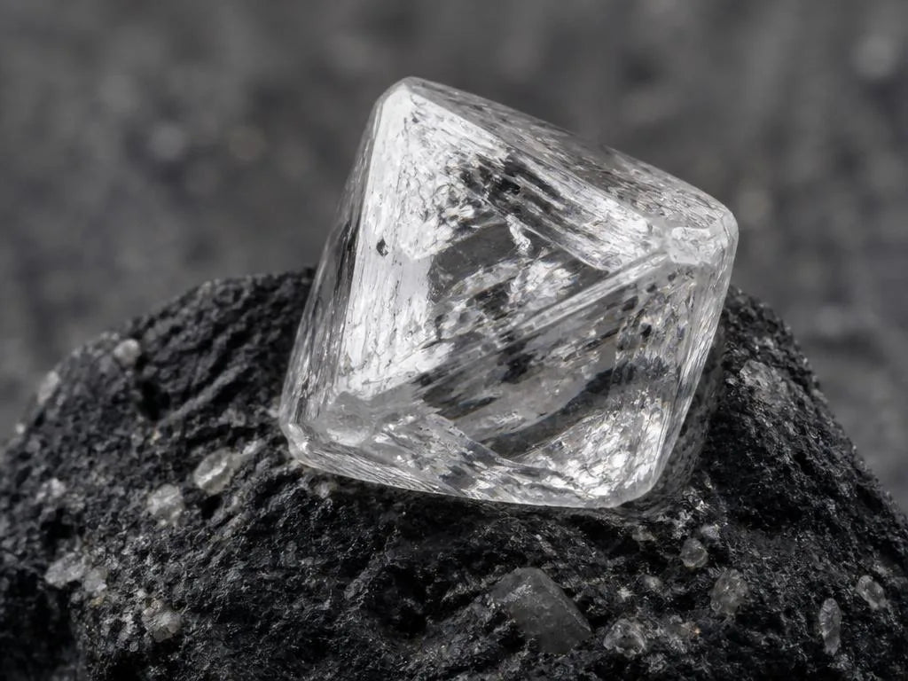 Cristal de diamante bruto octaédrico translúcido sobre una roca volcánica de kimberlita negra