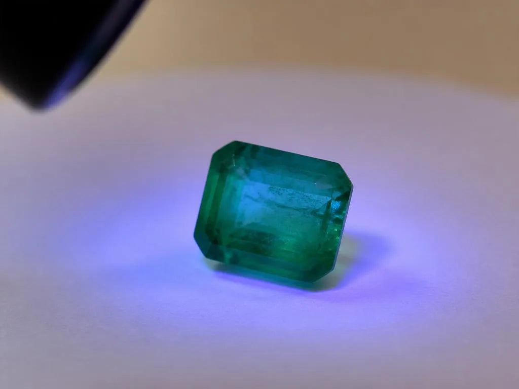 Esmeralda natural bajo lámpara ultravioleta 365nm mostrando una fluorescencia débil, prueba gemológica