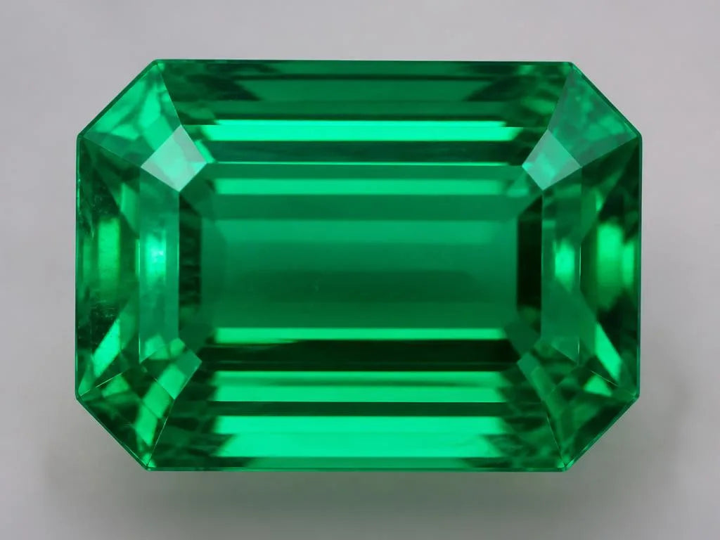 Esmeralda natural tallada en talla esmeralda que muestra el característico color verde saturado de la gema
