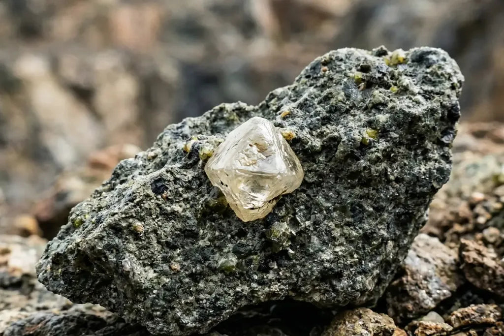 Diamante bruto octaédrico natural en su roca madre kimberlita