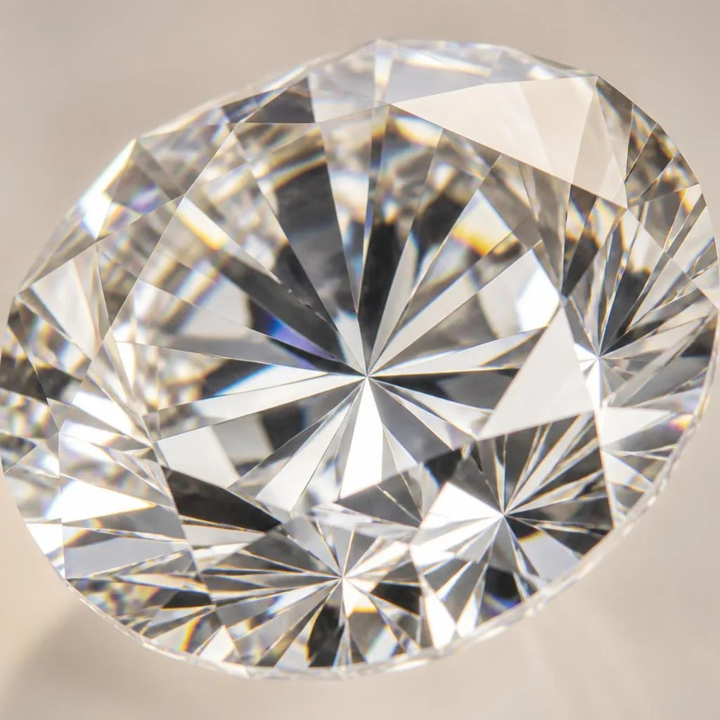Diamante blanco talla brillante que muestra las facetas y la dispersión de los destellos arcoíris característicos