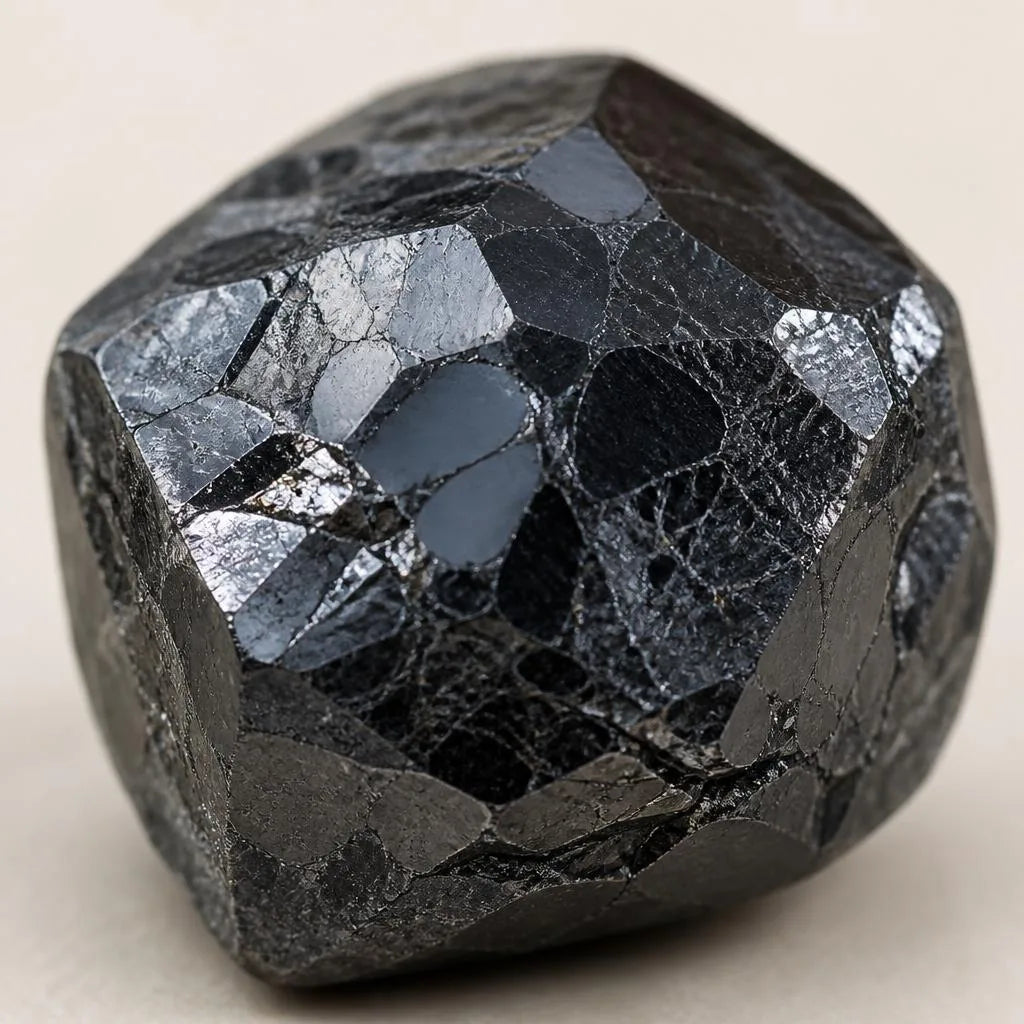 Diamante negro carbonado tallado que muestra la estructura policristalina opaca y los reflejos espejo característicos