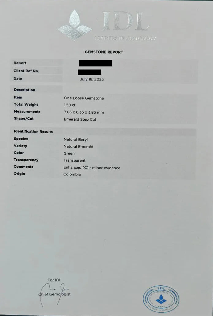Certificado gemológico IDL de una esmeralda natural colombiana de 1,58 quilates certificada Natural Beryl