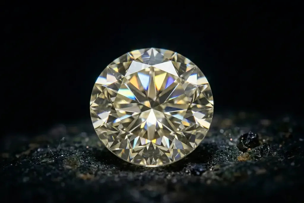 Diamante de talla brillante redonda en primer plano, mostrando las facetas y la excepcional brillantez