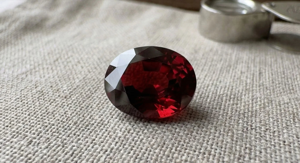 Granate rojo talla oval a la luz natural, con un destello rojo profundo