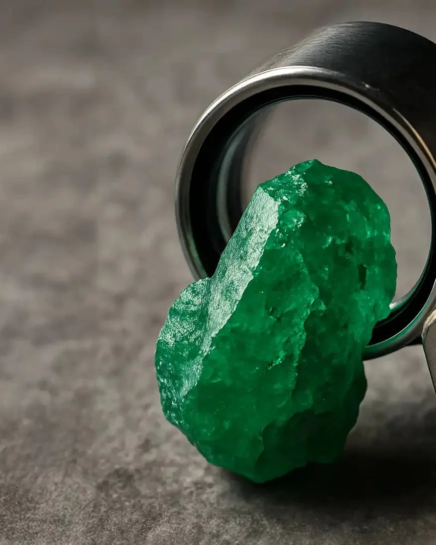Émeraude brute naturelle verte examinée à la loupe - identification et expertise en joaillerie fine