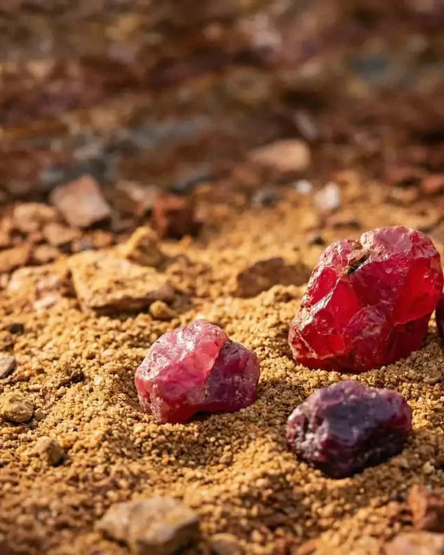 Rubis bruts de differentes origines et teintes variees de rouge