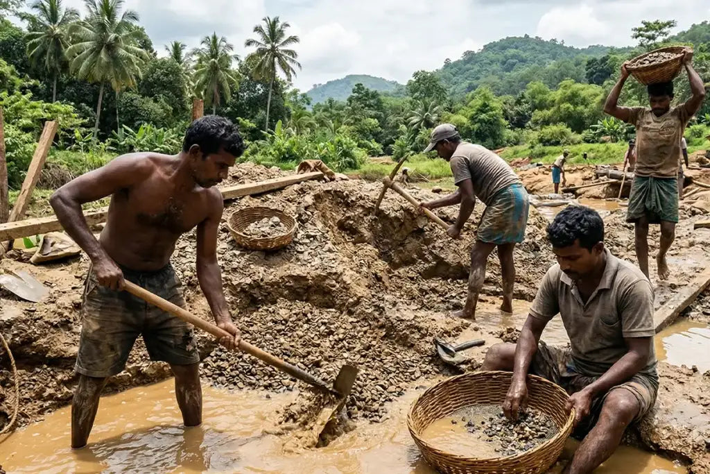 Extracción artesanal de Zafiros en las minas aluviales de Ratnapura, Sri Lanka